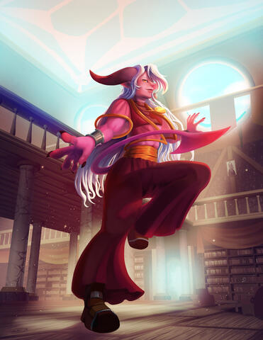 Commission for Albino. Their pink tiefling sorcerer doing a spin around themself in their work environment.