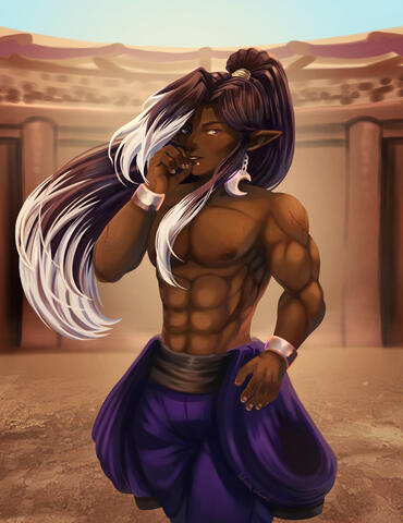 Kur after a fight, standing in the arena victorious.